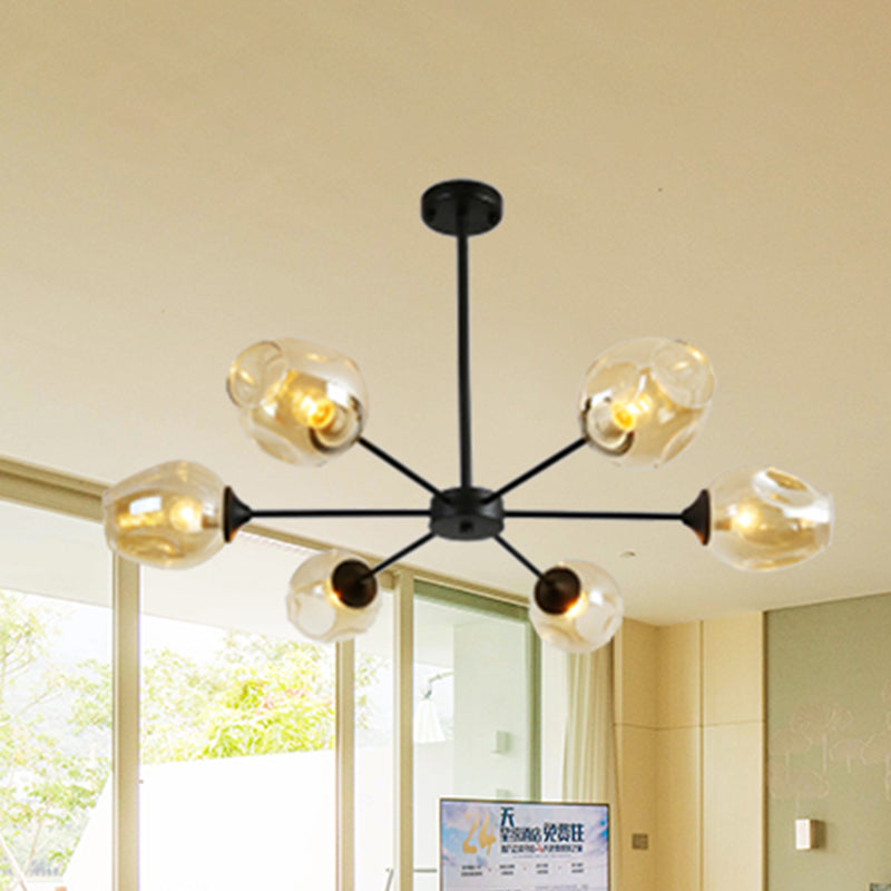 Modernist Hanging Chandelier - Black/Chrome Sputnik Suspension Pendant With Blue/Amber Glass Shade