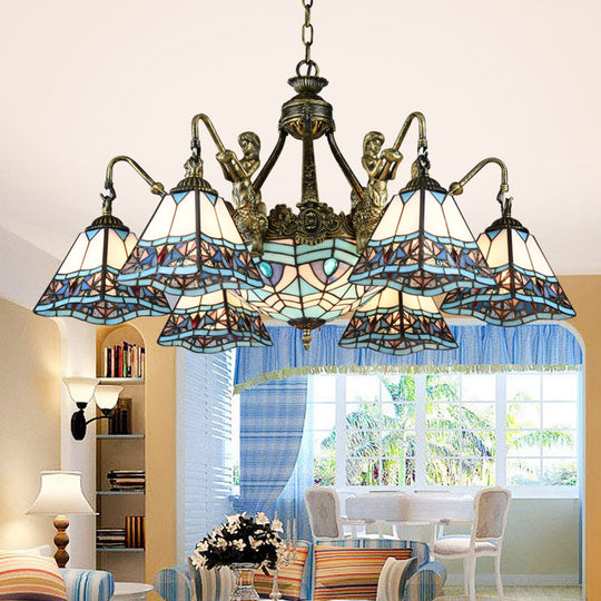 Tiffany Style Stained Glass Ceiling Chandelier: Pyramid Design with Mermaid Deco in Bronze