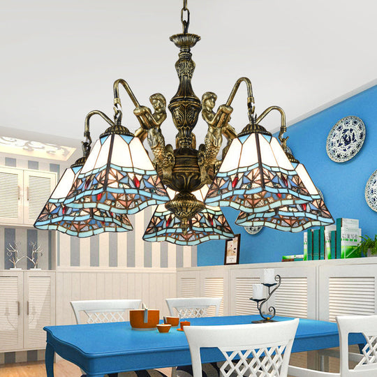 Tiffany Style Stained Glass Ceiling Chandelier: Pyramid Design with Mermaid Deco in Bronze