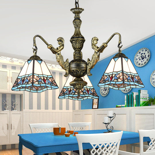 Tiffany Style Stained Glass Ceiling Chandelier: Pyramid Design with Mermaid Deco in Bronze