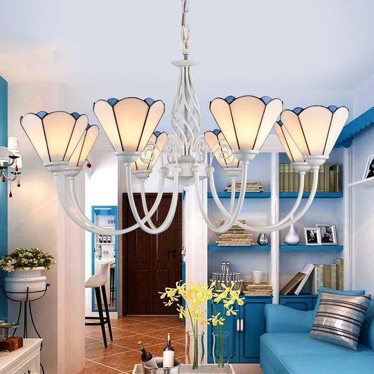 Mediterranean Style White Chandelier With Scalloped Glass Shade For Living Room 8 / Up