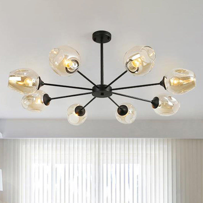 Modernist Hanging Chandelier - Black/Chrome Sputnik Suspension Pendant With Blue/Amber Glass Shade