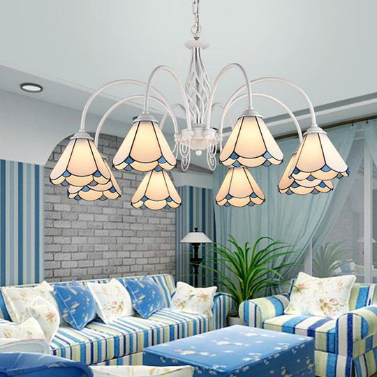 Mediterranean Style White Living Room Chandelier with Scalloped Glass Shade