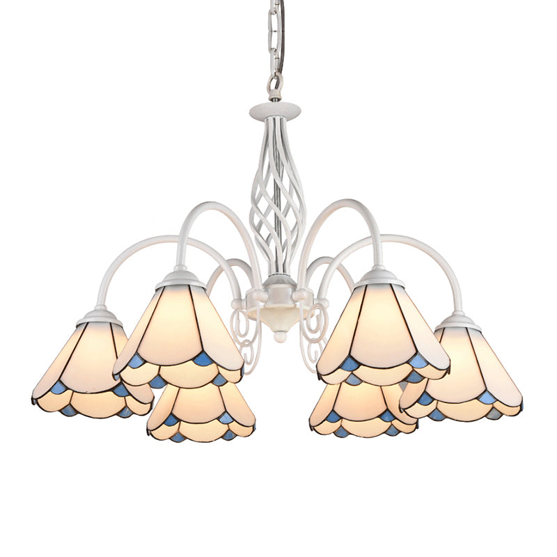 Mediterranean Style White Living Room Chandelier with Scalloped Glass Shade