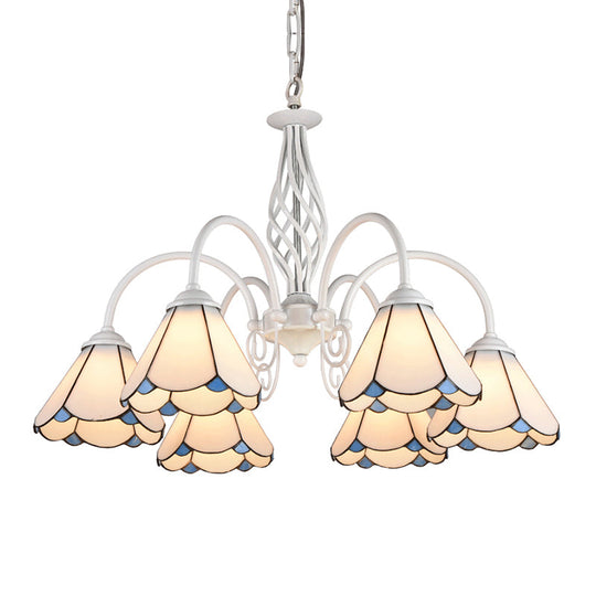 Mediterranean Style White Living Room Chandelier with Scalloped Glass Shade