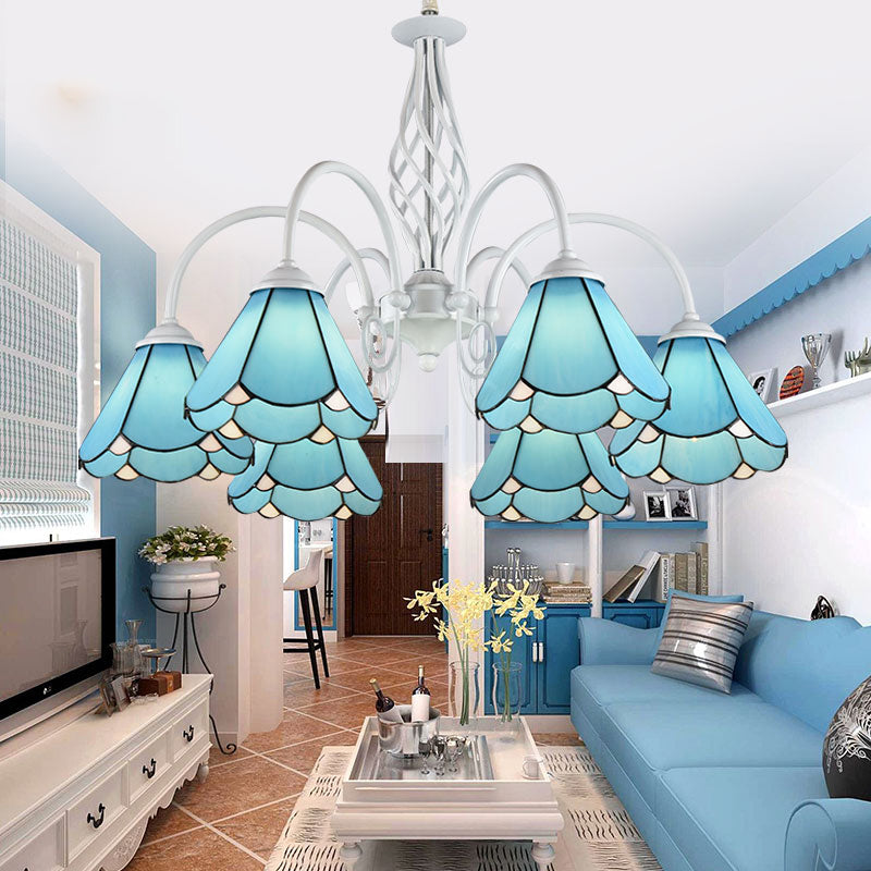 Mediterranean Blue Conical Glass Chandelier with White Arched Arm - Handcrafted Hanging Ceiling Light