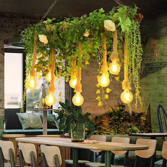 Rustic Wooden Linear Suspension Lamp: Green Island Light Fixture With Decorative Vines And Rose