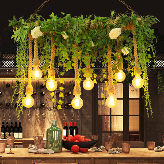 Rustic Wooden Linear Suspension Lamp: Green Island Light Fixture With Decorative Vines And Rose