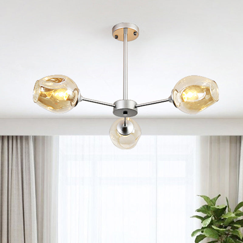 Modernist Hanging Chandelier - Black/Chrome Sputnik Suspension Pendant With Blue/Amber Glass Shade