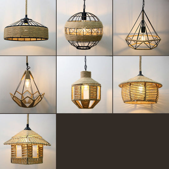 Rustic Rope Cage Pendant Light - Hand-Wrapped, 1 Bulb Ceiling Lamp in Light Brown for Restaurants