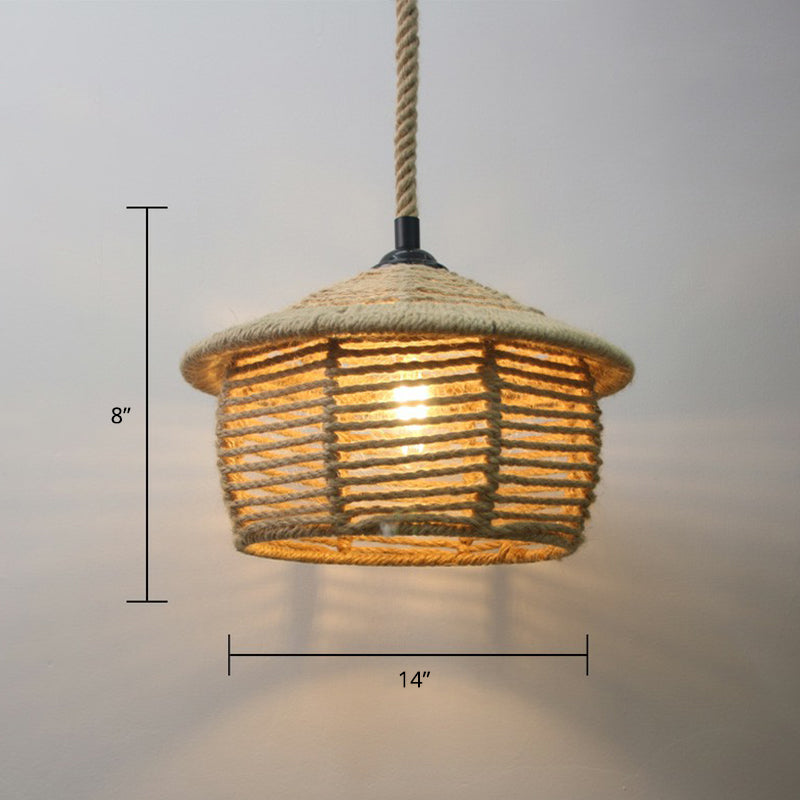 Rustic Rope Cage Pendant Light - Hand-Wrapped, 1 Bulb Ceiling Lamp in Light Brown for Restaurants