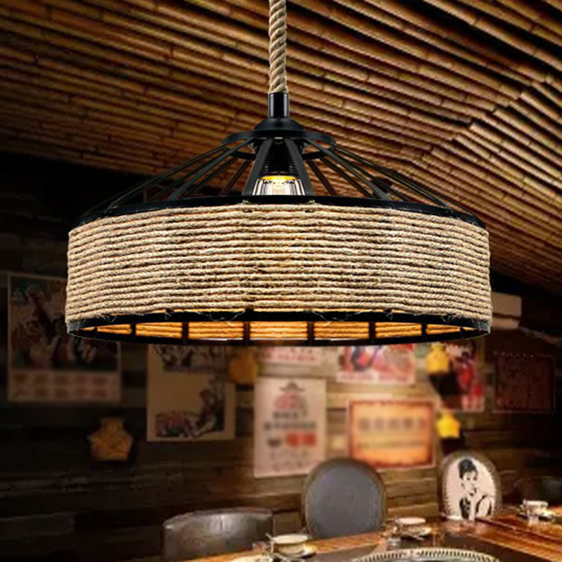 Rustic Rope Cage Pendant Light - Hand-Wrapped, 1 Bulb Ceiling Lamp in Light Brown for Restaurants