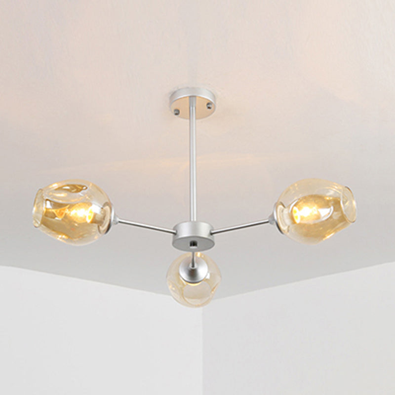 Modernist Hanging Chandelier - Black/Chrome Sputnik Suspension Pendant With Blue/Amber Glass Shade