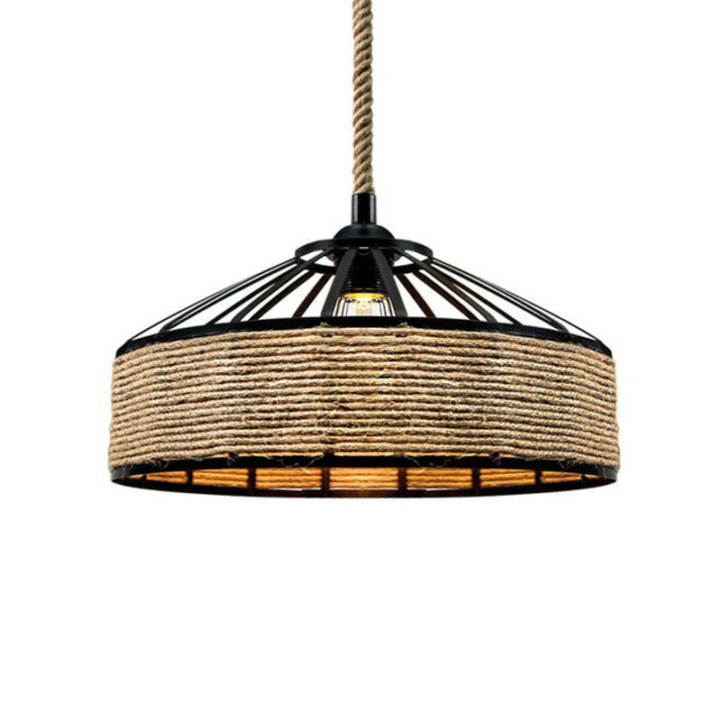 Rustic Rope Cage Pendant Light - Hand-Wrapped, 1 Bulb Ceiling Lamp in Light Brown for Restaurants