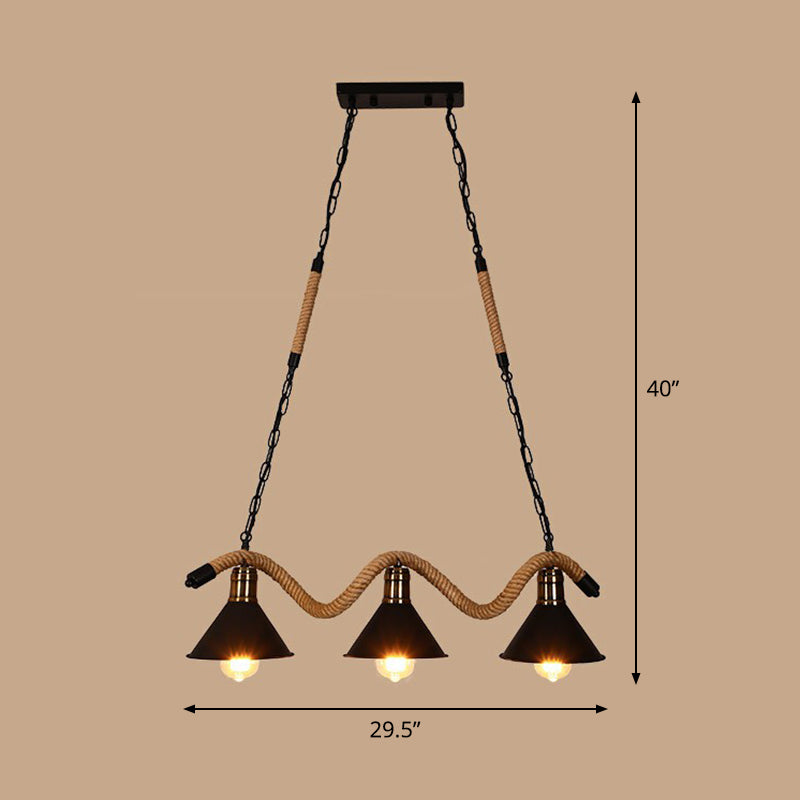 Industrial Metal Cone Island Pendant Light - Matte Black Finish With Twisted Rope Detailing 3 /