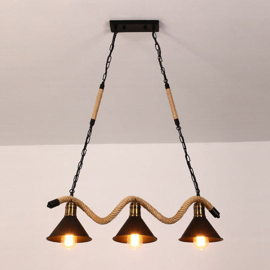 Industrial Metal Cone Island Pendant Light - Matte Black Finish With Twisted Rope Detailing