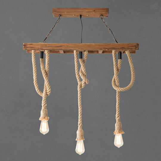 Rustic Restaurant Pendant Light Fixture - Naked Bulb Roped Suspension Lamp In Brown