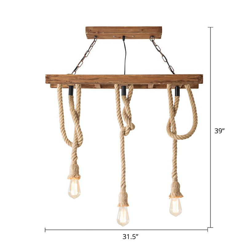 Rustic Restaurant Pendant Light Fixture - Naked Bulb Roped Suspension Lamp In Brown / Rectangle