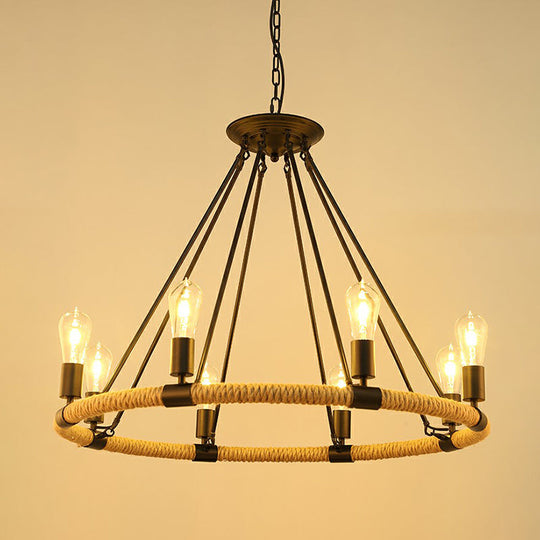 Farmhouse Black Manila Rope Chandelier Pendant - Hanging Ceiling Light