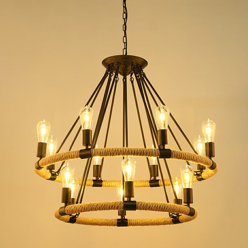 Farmhouse Black Manila Rope Chandelier Pendant - Hanging Ceiling Light