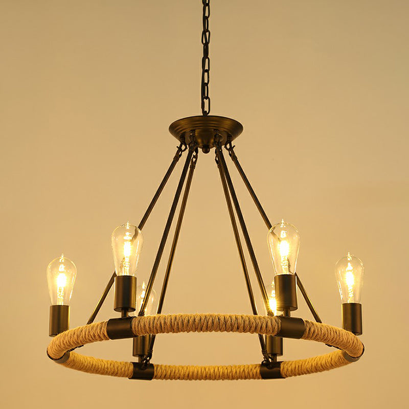 Farmhouse Black Circular Manila Rope Chandelier Pendant Light For Restaurant Ceiling 6 /