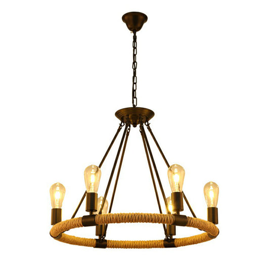 Farmhouse Black Manila Rope Chandelier Pendant - Hanging Ceiling Light