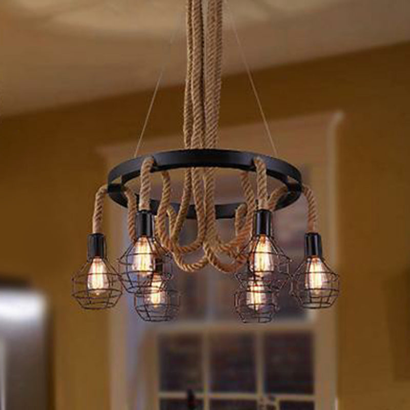 Industrial Iron Cage Pendant Light With Hemp Rope: Black 6-Light Chandelier For Dining Room