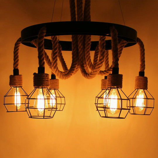 Industrial Iron Cage Chandelier with Hemp Rope - Black 6-Light Pendant Light for Dining Room