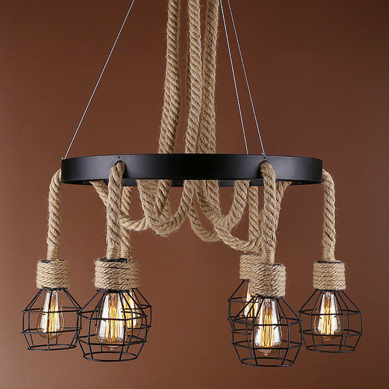 Industrial Iron Cage Chandelier with Hemp Rope - Black 6-Light Pendant Light for Dining Room