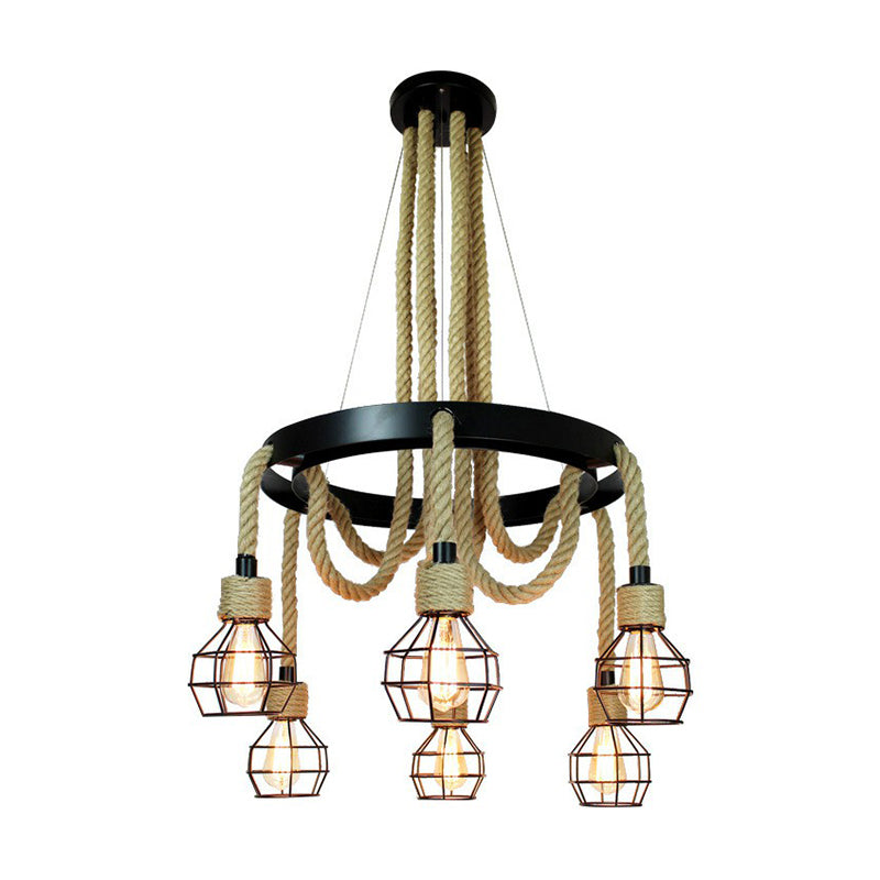 Industrial Iron Cage Chandelier with Hemp Rope - Black 6-Light Pendant Light for Dining Room