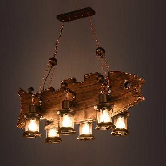 Rustic Fish Shaped Wood Hanging Lamp - 6 Heads Island Lighting With Lantern Shade In Brown