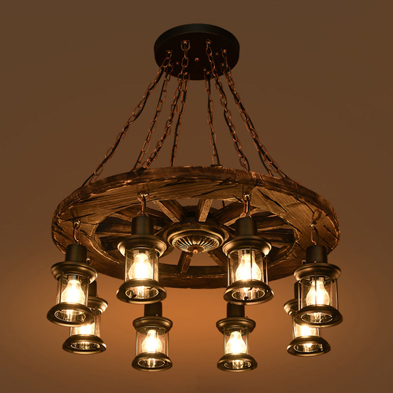 Nautical Wooden Wagon Wheel Chandelier: 8-Bulb Pendant Light Fixture With Lantern In Brown