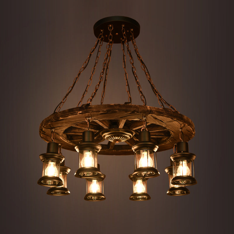 Nautical Wooden Wagon Wheel Chandelier: 8-Bulb Pendant Light Fixture With Lantern In Brown