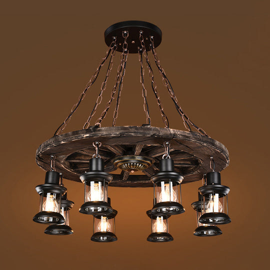 Nautical 8-Bulb Wooden Wagon Wheel Chandelier with Lantern: Dining Room Pendant Light in Brown