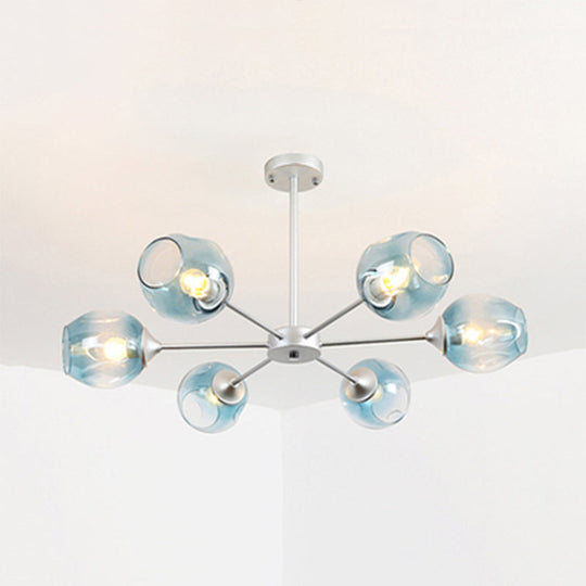 Modernist Hanging Chandelier - Black/Chrome Sputnik Suspension Pendant With Blue/Amber Glass Shade