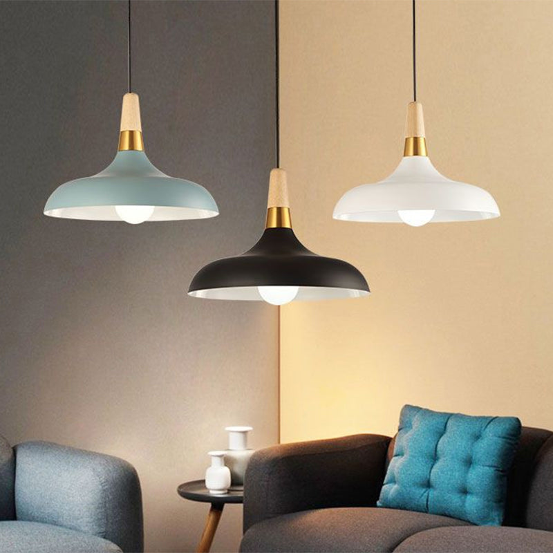 Nordic Single Pendant With Wood Top And Metallic Pot-Lid Suspension For Dining Room Lighting