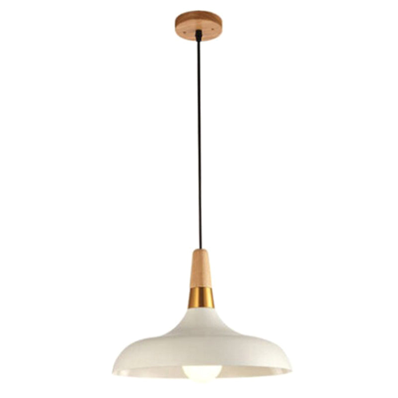 Nordic Single Pendant With Wood Top And Metallic Pot-Lid Suspension For Dining Room Lighting White