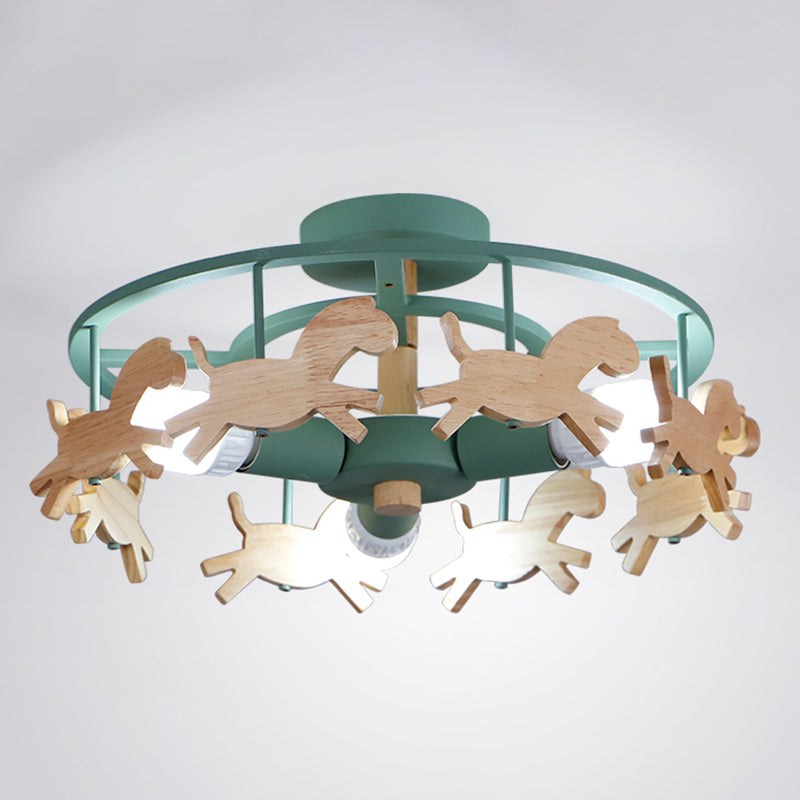 Wooden 3-Head Kids Semi Flush Mount Merry-Go-Round Kindergarten Ceiling Lamp Green