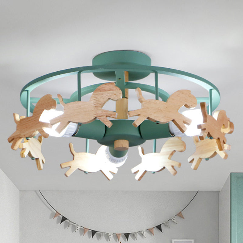 Wooden 3-Head Kids Semi Flush Mount Merry-Go-Round Kindergarten Ceiling Lamp