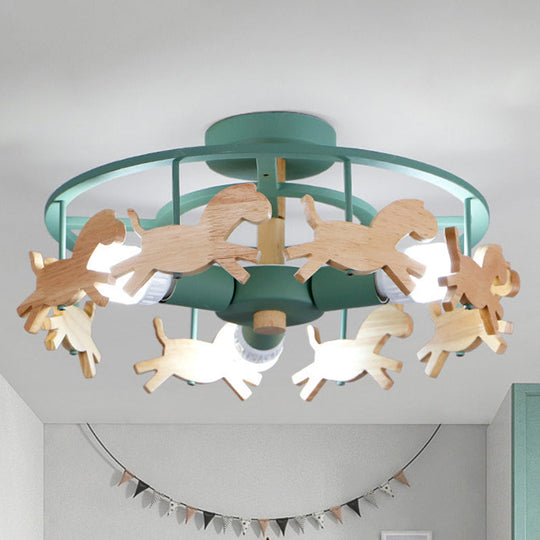 Wooden 3-Head Kids Semi Flush Mount Merry-Go-Round Kindergarten Ceiling Lamp