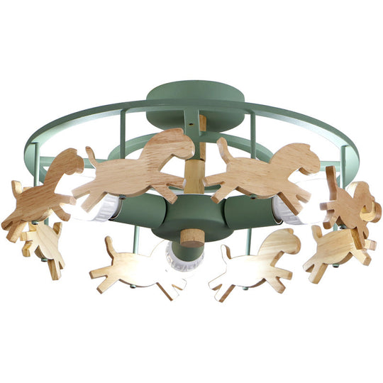 Wooden 3-Head Kids Semi Flush Mount Merry-Go-Round Kindergarten Ceiling Lamp