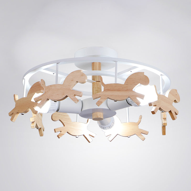 Wooden 3-Head Kids Semi Flush Mount Merry-Go-Round Kindergarten Ceiling Lamp White