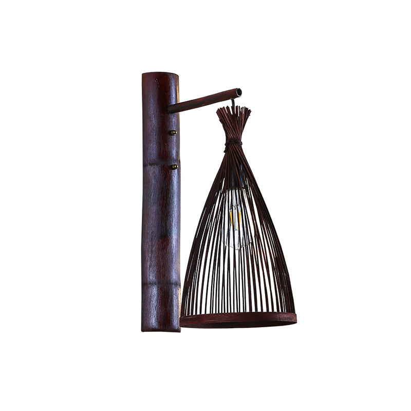 Conic Bamboo Wall Lamp - Dark Brown 1 Head Mounted Light For Kitchen