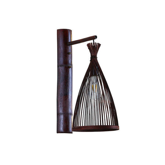 Conic Bamboo Wall Lamp - Dark Brown 1 Head Mounted Light For Kitchen