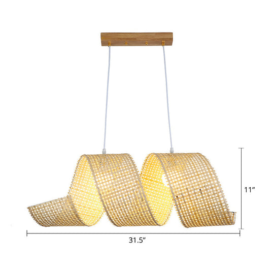 Minimalist Beige Bamboo Pendant Light For Tea Room - 2-Light Curl Hanging Fixture