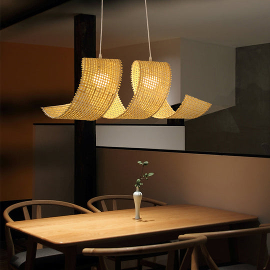 Minimalist Beige Bamboo Pendant Light For Tea Room - 2-Light Curl Hanging Fixture