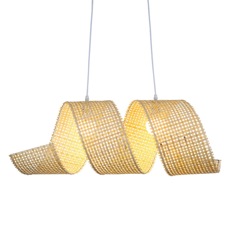 Minimalist Beige Bamboo Pendant Light For Tea Room - 2-Light Curl Hanging Fixture