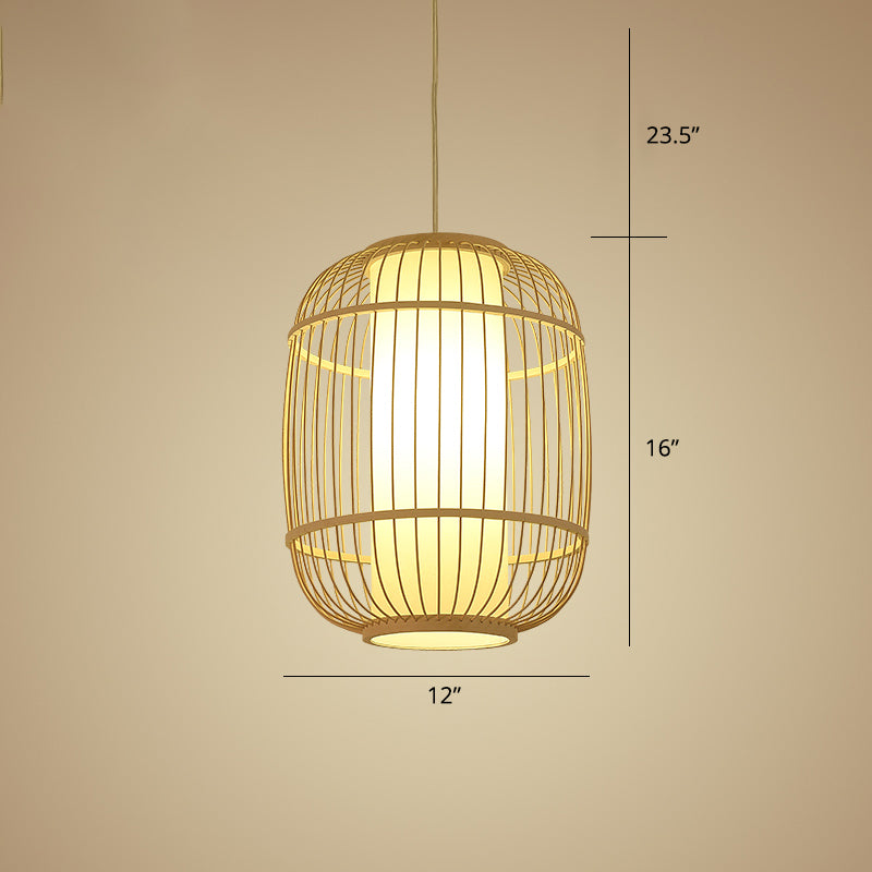 Beige Chinese Lantern Pendant With Bamboo Shade