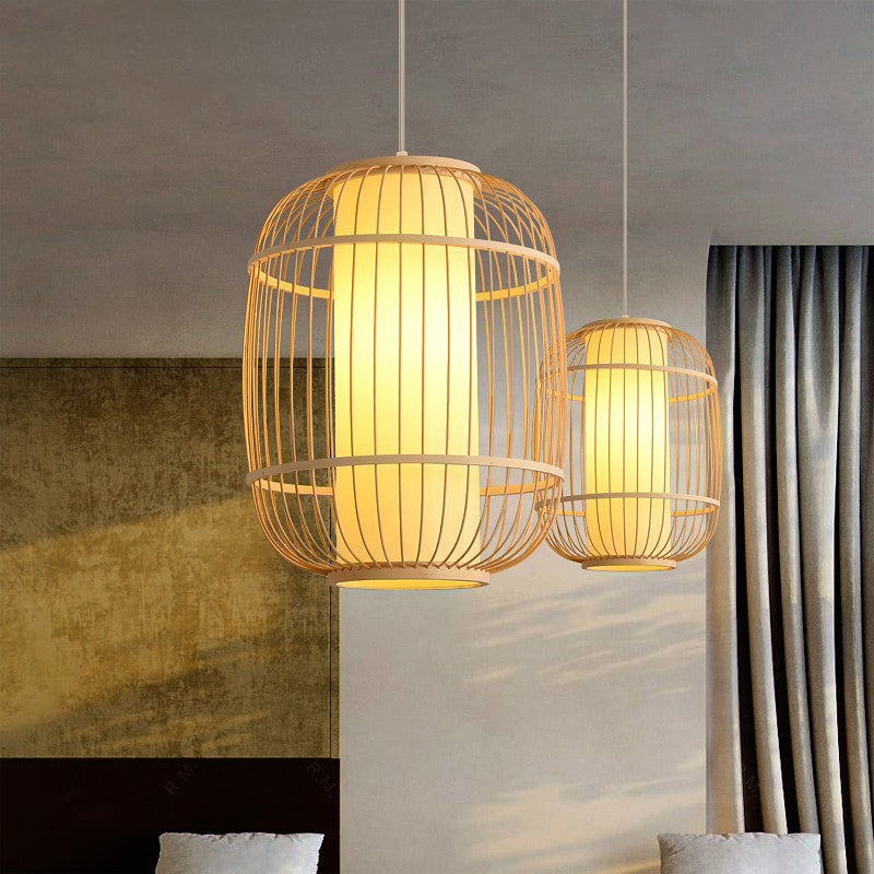 Beige Chinese Lantern Pendant With Bamboo Shade