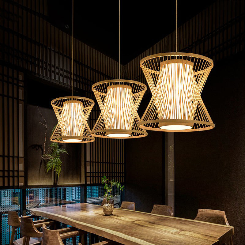 Nordic Bamboo Pendant Lighting: Symmetric Cage 1 Bulb Beige - Ideal For Restaurants